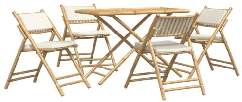 Willood 5-TLG. Bistro-Set Klappbar mit Cremeweißen Kissen Bambus