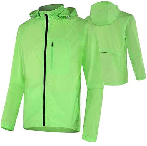 CLMETHE Fahrradjacke mit Kapuze für Herren, Damen, Unisex, durchgehender Reißverschluss, Regenjacke, Sommer, schnelltrocknend, atmungsaktive Trikots, wasserdicht, leicht, Fahrradmantel,Green-M