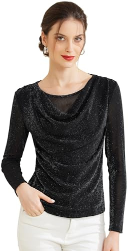 Allegra K Haut Femme en Tulle Pailleté Chemisier Brillant Col Bénitier Manches Longues Bureau/Soirée/Cocktail Semi-Transparent Léger Noir S
