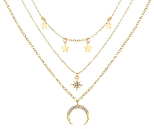 HSAJS Kette Damen Halskette Layered Set mit Stern Mond Anhänger Verstellbare Halskette Boho Kette Hypoallergene Modeschmuck Geburtstags und Weihnachten Geschenk