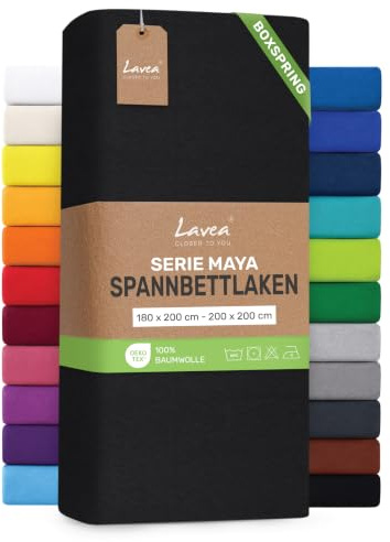 Lavea® Spannbettlaken 180-200x200 cm - für Boxspringbett – Schwarz | Jersey Spannbetttuch mit 40 cm Steghöhe, 100% Baumwolle, weich, atmungsaktiv, pflegeleicht, formstabil – Perfekte Passform