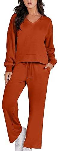 CCOOfhhc Damen Nicki Trainingsanzug Kuschelig 2 Teilig,Fitness Anzug Damen langärmelig, V-Ausschnitt, Pullover, Kordelzug, Hosen-Set (Orange, M)