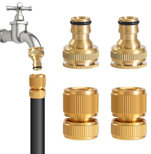 Messing Schlauchanschluss 1/2 Zoll & 3/4 Zoll Gartenschlauch Wasserhahn Anschluss 2 in 1 Schnellkupplung Adapter für Haus Gartenschlauch Teile Stecker und Garten Spritzpistolen 4Stück