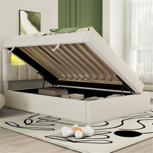 Letto Imbottito Con Luce Ambientale A LED Letto Basso Letto Con Contenitore Letto Con Contenitore Letto Per Per Adulti Letto Per Gli Ospiti Per Camera Da Letto Senza Materasso Beige 90x200
