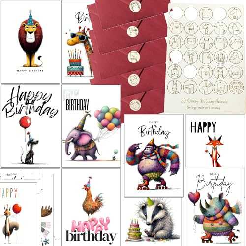 30 luminosi e divertenti biglietti di compleanno per animali con buste e sigilli in legno