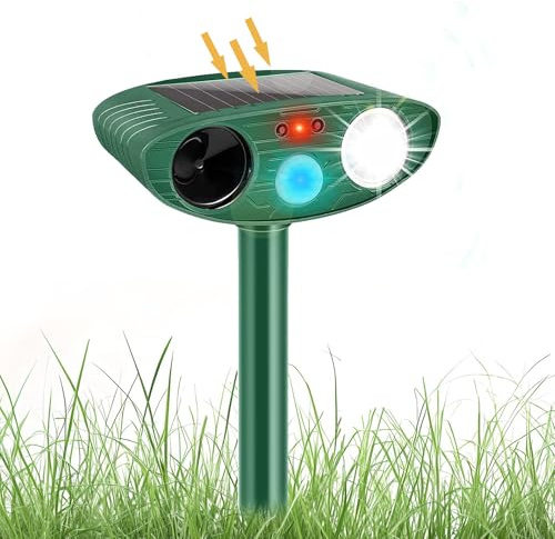 AVEKI Répulsif solaire à ultrasons pour animaux avec flash LED - Étanche - Avec détecteur de mouvement PIR - Pour chiens, oiseaux, renards dans la pelouse, le jardin, la cour (PIR + LED)
