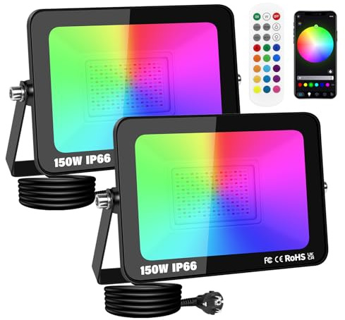 PICAA 2 Piezas 150W Foco Led RGB Exterior, 15000LM APP Control Remoto Proyector Led, Cambio de Color RGBW Estroboscópico, Luz de Pared para Jardín, Fiestas, Terraza