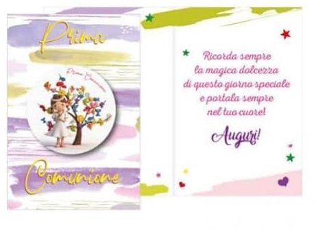 Biglietto augurale Prima COMUNIONE - Con Ciondolo in Legno con Albero e bimba - Rosa e Lilla - PRODOTTO IN ITALIA - biglietto di auguri completo di busta - ideale per accompagnare il regalo