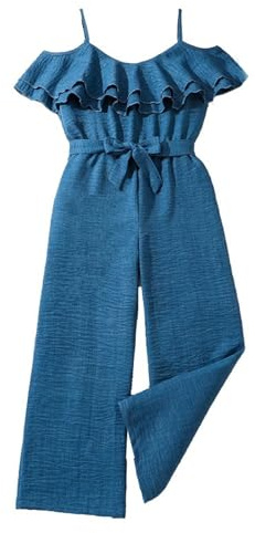 es-uk Girls Summer Clothes: Blue Off Shoulder Elastic Waist Wide Leg Jumpsuit for Kids, Perfect Girls' Outfits & Clothing Sets, Dungarees 7-12 Years (Blue, 10-11 years)