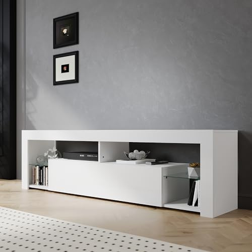 SIRHONA Meuble TV LED Blanc, Banc TV 180x35x50.5cm, Éclairage LED RGB avec Couleur réglable, Capacité de Charge 40 kg, Convient pour Salon ou Chambre