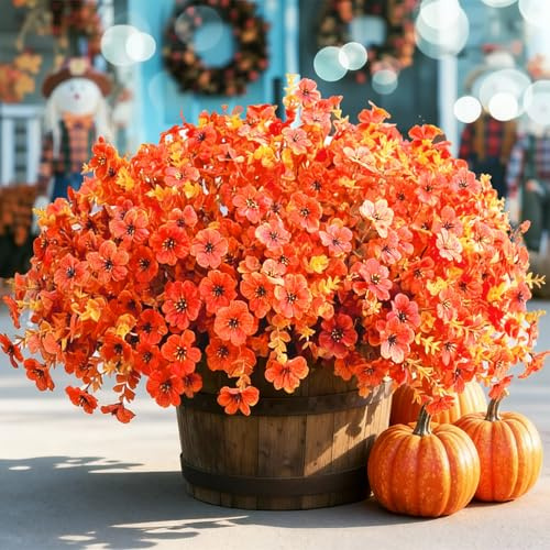 Qubigko Künstliche Herbstblumen für draußen – 16 Stück lebensechte UV-beständige Seidenblumen in Orange, ideal für Herbstdekoration an Balkon, Garten & Terrasse – Erntedank & Halloween geeignet