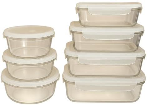 Sanjoma - Set de Recipientes de Cristal con Tapa - 7 Recipientes (370 ml a 1500 ml) - Apto para Horno, Microondas y Lavavajillas - Redondo y Rectangular - Transparente