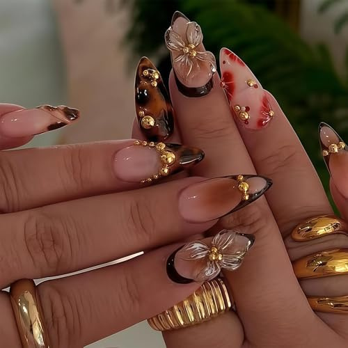 AstraGlam Medium Almond 3D Brun Fleur Dorée Faux Ongles Courtes à Presser Design Écaille de Tortue Léopard French Tip Deux Tons de Fleurs Dégradé, 24 Pièces Fait Main Gelée Gel sur Acrylique Faux