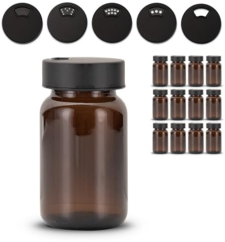 Koffs Design 12 Stück Gewürzgläser – Premium Gewürzglas aus Braunglas | Gewürzstreuer Set | Gewürzdosen mit Deckel und UV-Schutz | Gewürzbehälter mit Edelstahl-Streudeckel, 150ml