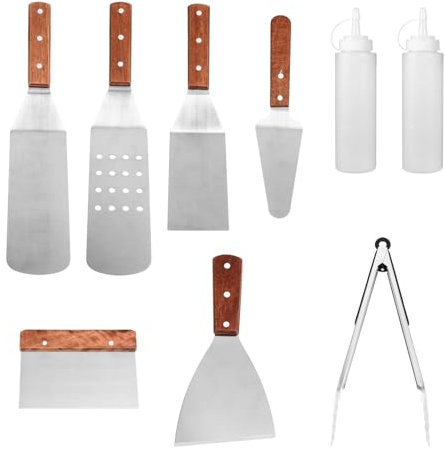 Homoyoyo Set Ustensiles Barbecue INOX avec Manches Bois Outils Robustes pour Grillades Extérieures et Cuisine Maison Accessoires Polyvalents pour Plancha et Viande