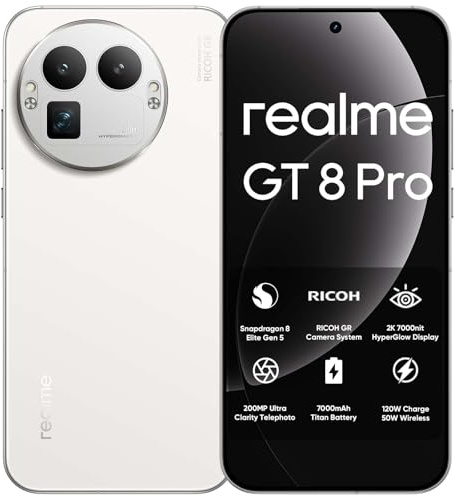 realme GT 8 Pro Smartphone 5G Snapdragon 8 Elite Gen 5, 12GB+256GB 6.79 QHD+ 144Hz AMOLED, Batería 7000mAh & 120W SuperVOOC/50W Wireless, 200MP Teleobjetivo + 50MP IMX906 + 50MP Grandangolo, Blanco