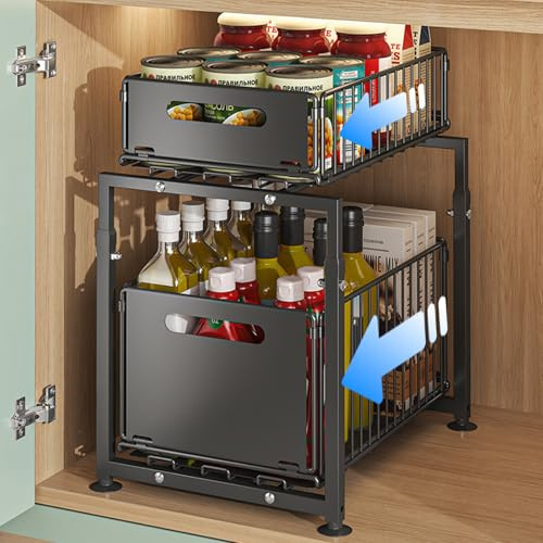 HABITELLO 1 Stück Ausziehbare Spülschrank Organizer 2 Etagen für Küche Bad | Höhenverstellbar Unterschrank Organizer aus Metall Mehrzweck Spülbecken Organizer als Gewürzregal & Waschmittelablage