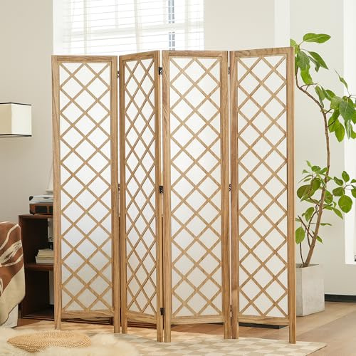 Decorative Japanese Shoji Screen Room Divider, 4-Panel Diamond Lattice Partition, Lightweight Folding Privacy Screen for Bedroom, Beige, 67 H x 64 W