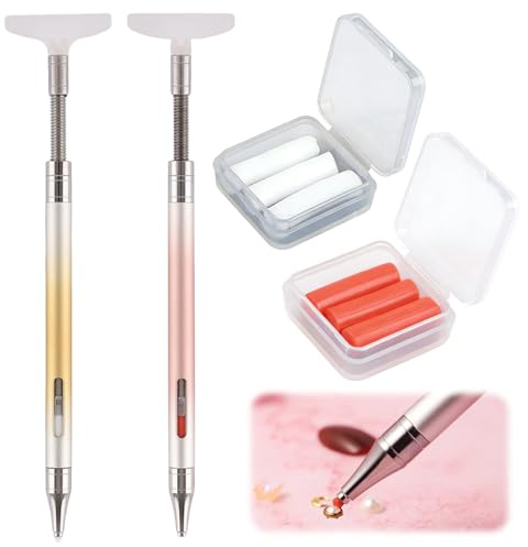 2Pcs Diamond Art Pens Automatic Refillable Wax Pen Metal Diamond Painting Pens Self-Sticking Twistable Glue Pen Point Drill Pens with Correction Tip for Rhinestone Nail Gem Bead Art DIY Crafts