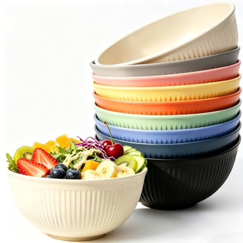 9PCS 22OZ Reusable Plastic Bowls Set Cereal Breakfast Bowl Serving Bowls | 655ML/22OZ, 15cm Width, Unbreakable, Corlorful, Reusable, Lightweight, for Parties Salad Soup Noodle Fruit