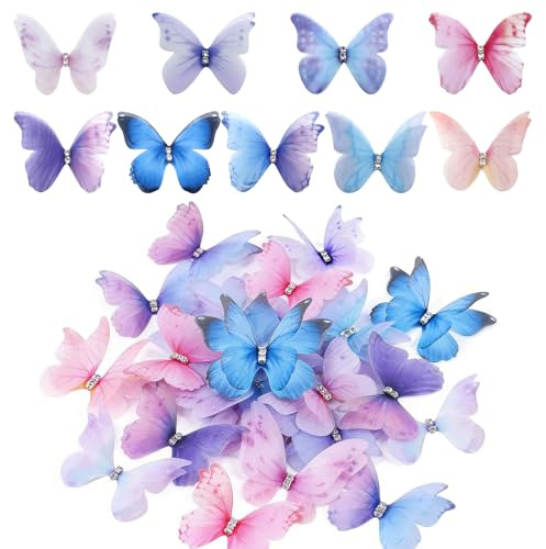 OKINAYO 70 Stücke Schmetterling Deko mit Strasss,Butterfly 3D Sticker | Doppellagiger Organza Stoff,Wanddeko Aufkleber für Wanddekoratio Kleidung Applikationen Haarspangen
