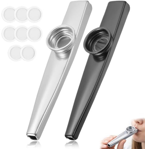 ROLKUFA 2 kazoo de aleación de aluminio con 8 membranas reemplazables, instrumento musical para niños preescolares, aprendizaje musical, negro y plata