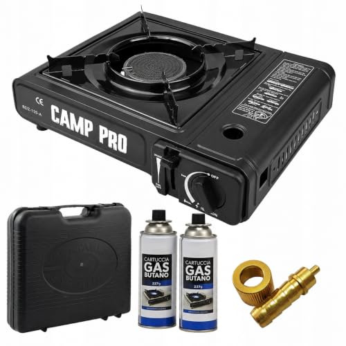EMPOTEC Fornello a Gas con 2 Cartucce Bombole 227GR Cucina Portatile da Campeggio Pic Nic all'Aperto Giardino Pratico e Semplice da Utilizzare Accensione Automatica Piezoelettrica (1 Fuoco 2 Bombole)