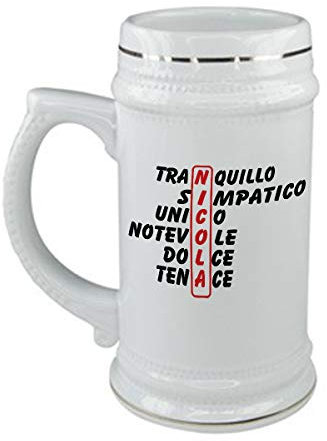 bubbleshirt Boccale da birra Compleanno - Nicola e aggettivi simpatici - evento - in ceramica - capienza 50 cl - idea regalo