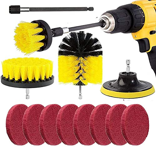 Kagni 3 Pezzi Spazzola per Trapano + 8 Pezzi Pagliette Abrasive per Avvitatore + Un'asta di Prolunga da 150 mm Kit Spazzole di Pulizia per Toilette Cucina Bagno Doccia Piastrelle Lavello Auto