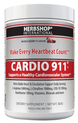 Cardio 911® Nitric Oxide Heart & Circulation Support - 5000mg L-Arginine & 1000mg L-Citrulline - Mixed Berry, 30 Servings Powder, 363 Grams - CoQ10 Beet Root - High Potency Cardiovascular Formula