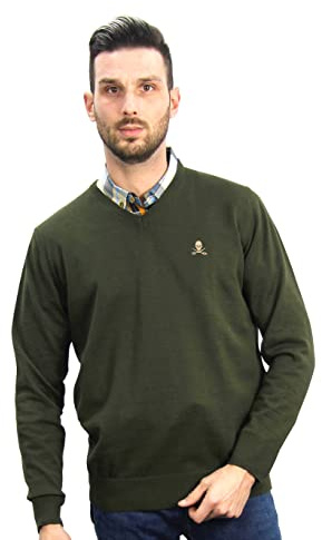 Jersey de Hombre Cuello Pico de Algodon Manga Larga de Marca Modelo Basico para Vestir Punto Fino (Kaki, XL)