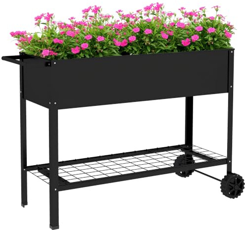 Outsunny Jardinière sur Pieds Potager 109L x 39l x 80H cm Étagère Noir | 2 Roues, Insert d'Irrigation, Métal