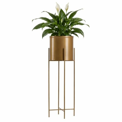 HowHomely Moderne Blumenständer Metall 75 cm Hoch mit Golden Blumentopf Rund 21 cm Ø auf Robuste Goldem Ständer - Pflanzenständer im Loft-Stil für die Innendekoration