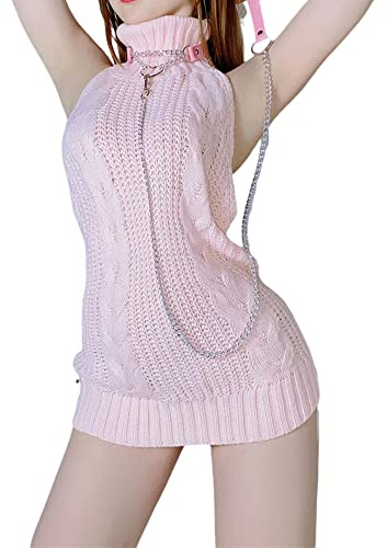 SINROYEE Pull d'anime pour femme, robe en tricot à col roulé japonais, dos nu, sans manches, taille unique, Rose # 2