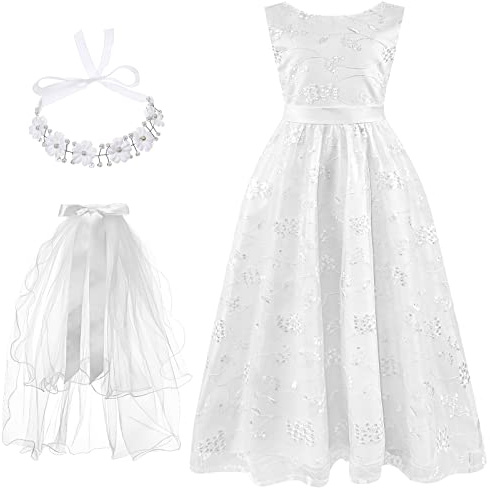 Xuhal 3 Pcs Wedding Girl Set, First Communion White Lace Girl Dress with Belt Floral Crown Head Wreath with Veil(Size 8)
