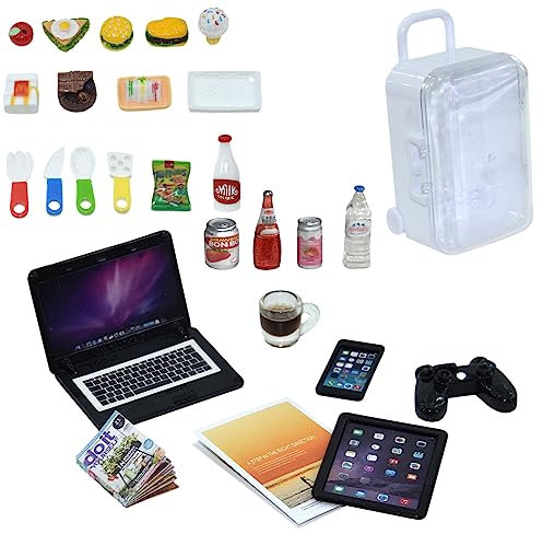 Nuanmu 27 Pieces Dollhouse Mini Laptop Tablet and Smart Phone Newspaper Book Miniatures Hamburger Cake Coffee Juice Trolley case DIY Play Game Party Toys Accessories (Black Set)