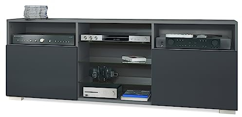 Vladon TV-Board Granada, Lowboard mit 2 Türen und 6 offenen Fächern, Korpus Anthrazit matt, Fronten in Schwarz matt (146 x 54 x 35 cm)