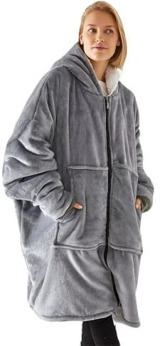 Pahajim Hoodie Damen Reißverschluss Decke mit ärmeln Hoodie Sweatshirt Wearable Blanket Weicher und Warmer Oversized Hoodie für Drinnen, Draußen, Camping Hoodie Decke Lang(Grau)