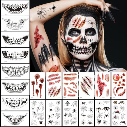 Halloween Tattoo Gesicht, 20 Blatt Halloween Kostüm Damen Gruselig Gesichtstattoo, Horror Mund Narben Wunden Spinnen Tattoos Aufkleber, Skelett Zombie Vampir Schminke Make Up