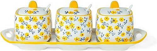 azucarero, azucarero con diseño dibujado a mano con tapa, azucarero con forma de taza de té de cerámica, accesorios de café, vertedor de azúcar, almacenamiento de cocina-rojo-1 ( Color : Yellow )