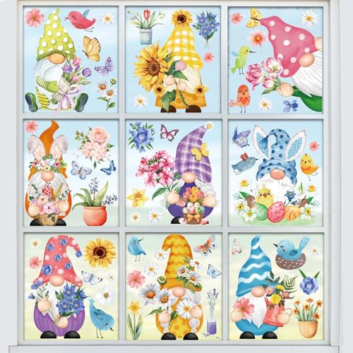 Whaline 9 Sheets Spring Easter Gnome Flower Window Clings Watercolor Floral Butterfly Birds Window Stickers Colorful Reusable Static Glass Decals for Home School Party Decor Supplies