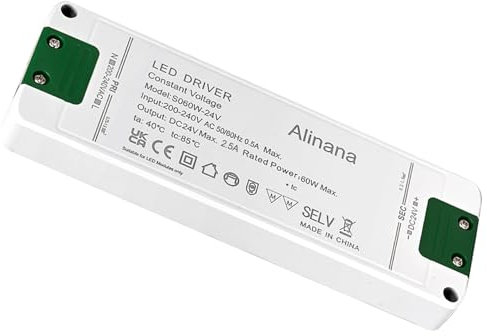 Alinana LED Trafo 230V auf 24V, 60W 2,5A Konstantspannungs-LED-Netzteil, Ultradünner Transformator 230V auf 24V, Kein Flackernled LED-Treiber für MR11 G4 MR16 GU5.3 LED-Birnen