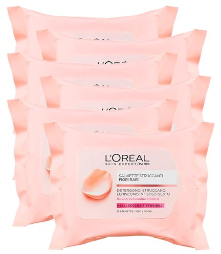 L'Oréal Paris Skin Expert Salviette Struccanti Viso e Occhi Fiori Rari per Pelli Secche e Sensibili Formula Delicata Detergente Lenitiva con Rosa e Gelsomino - 150 Salviette