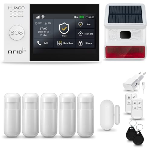 HUXGO® HXA007 Sistema di allarme casa senza fili con Radio Sirena solare WiFi + GSM 4G | Impianto allarme casa kit con 1x sensori di allarme per finestre/portes, 5x rilevatori di movimento