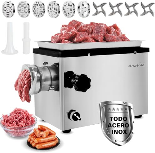 Anatole Tritacarne Elettrico Commerciale 1300W Acciaio Inox Integrale Macchina per Salsicce Multifunzionale con 4/6/8/10/12mm/3-Fori Piastre di Macinazione 1 Insaccatrice per Salsiccia 4 Lame 220V