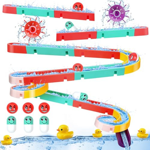 OSDUE Bath Toys for 3 Year Olds, Bath Track Game Water Slide Toy with Suction Cups, Duck Slide Bath Toy, Multicoloured Diy Sucking Orbit, Baby Bathtub Toys for Boys Girls Gift