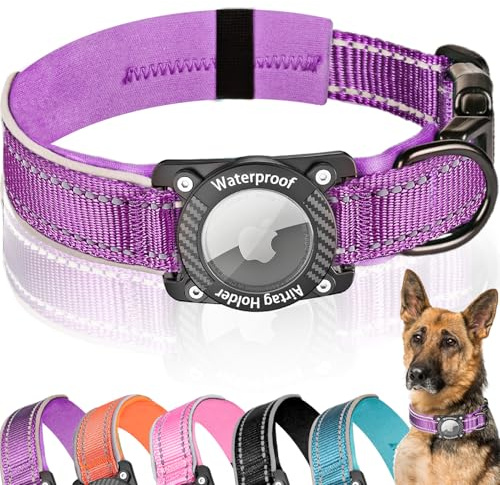 AgoumLux AirTag hundkrage, 100 % vattentätt hundhalsband med lufttagg-hållare, reflekterande justerbara kraftiga hundhalsband med mjuka vadderade stora hundar, lila, M