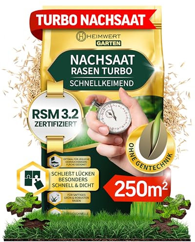 Heimwert Rasensamen schnellkeimend Turbo Nachsaat 5 kg Grassamen schnellkeimend nach original RSM 3.2 Empfehlung aus hochwertigster Gräser Mischung - Sport und Spiel Rasen Made in Germany (5kg)