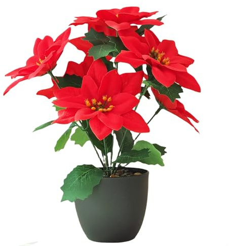 Fiori di Stella di Natale Artificiali - 7 Teste in Seta, Bouquet Floreale Finto, Cespugli per Interni ed Esterni, Negozi, Casa, Feste