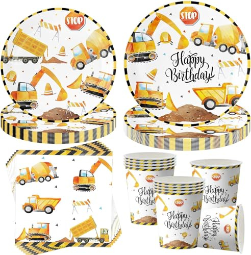 Sunshine Smile Construction Site Vintage Digger Party Tableware Set, 50-Piece, Yellow, Paper, Reusable, DISHWARE_PLATE, 9 Inch, 7 Inch, Box, Children of All Ages